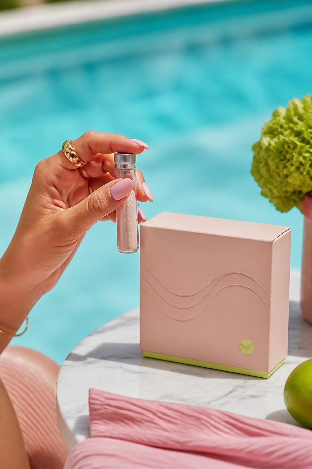 Poolside editorial of a woman with a PEPP peptide vial and blush wellness kit
